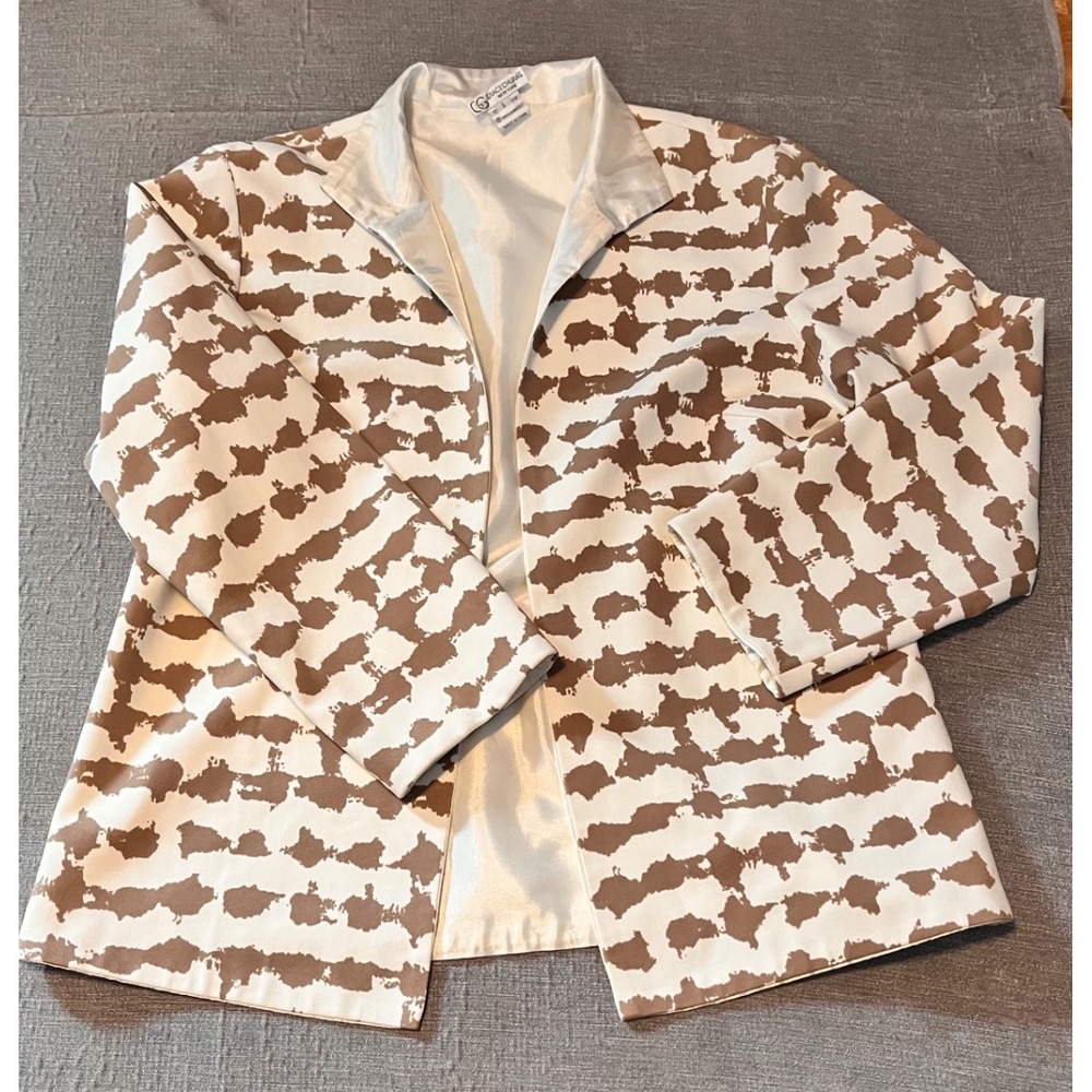 Grace Chuang New York Womens Blazer Jacket Beige Brown Abstract Print Open Front